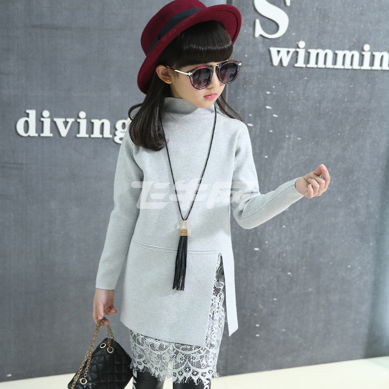 皮乐宝贝 中大童打底衫女童长款高领毛衣韩版