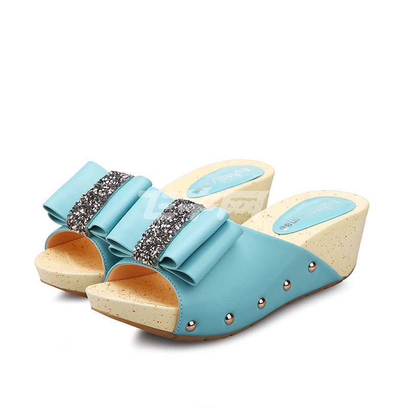 如熙 镶钻拖鞋甜美蝴蝶结坡跟女拖鞋 FN1407