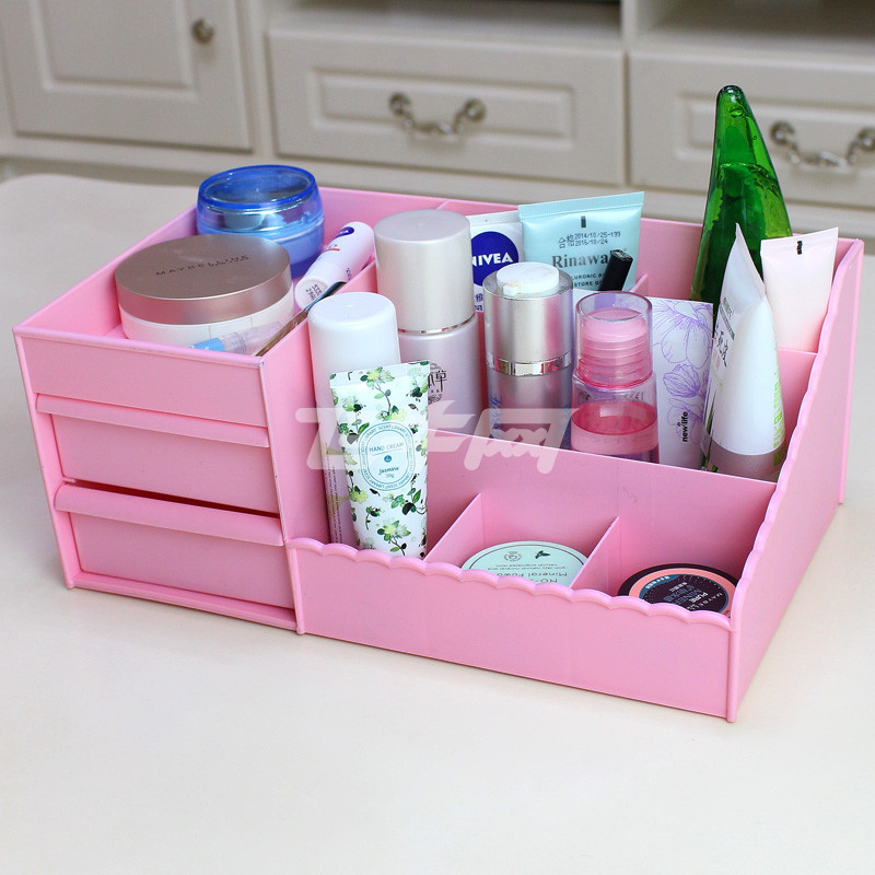 美纳福抽屉式塑料化妆品收纳盒大号办公桌面收纳整理盒 粉色
