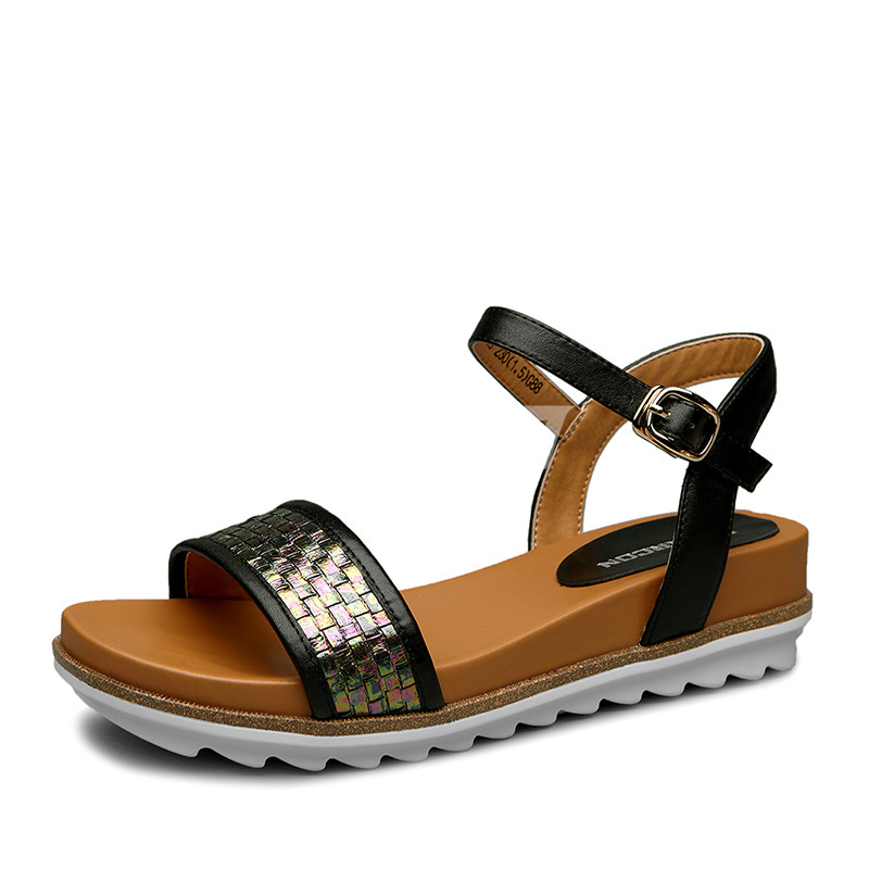 意尔康 女鞋 2016夏季新款真皮休闲舒适坡跟中