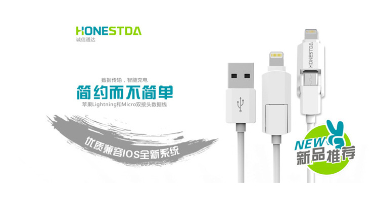 HONESTDA 通用V8接口转苹果6接口100cm数据线 数据\充电传输二合一数据充电线 TL005 白色