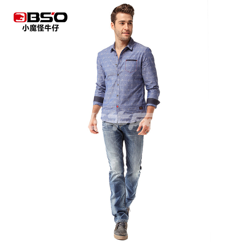 bso小魔怪 2015年秋季新品男装牛仔衬衣长袖衬衫 143125345 浅蓝 l